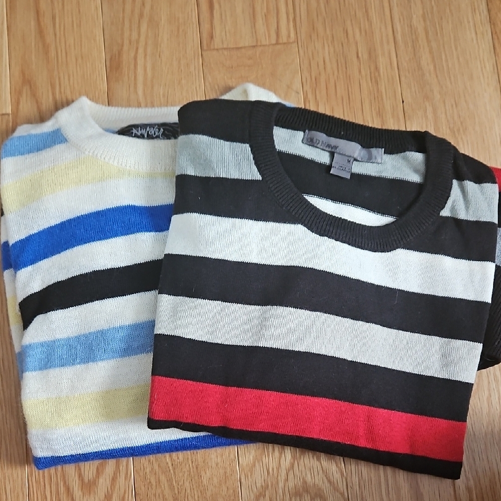 2 Striped Crewneck Sweaters - Black, Blue, Yellow, Red.  Size Medium